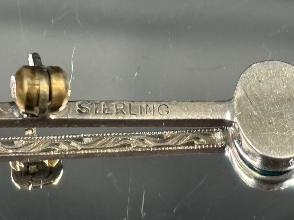 Vintage Sterling Silver Opal Bar Brooch Blue Green Fire Cabochon Mid Century Pin
