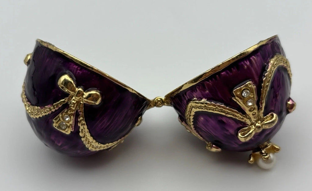 Fabergé Style Purple Enamel Egg Trinket Box with Pearl and Rhinestones
