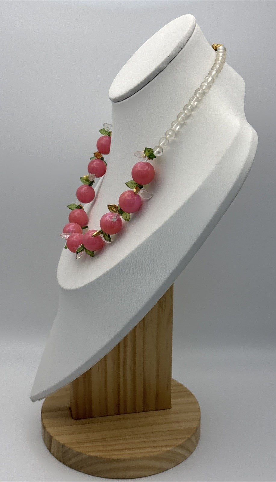 Vintage Pink Bead Fruit Necklace Clear Beads Gold and Green Leaf Accents