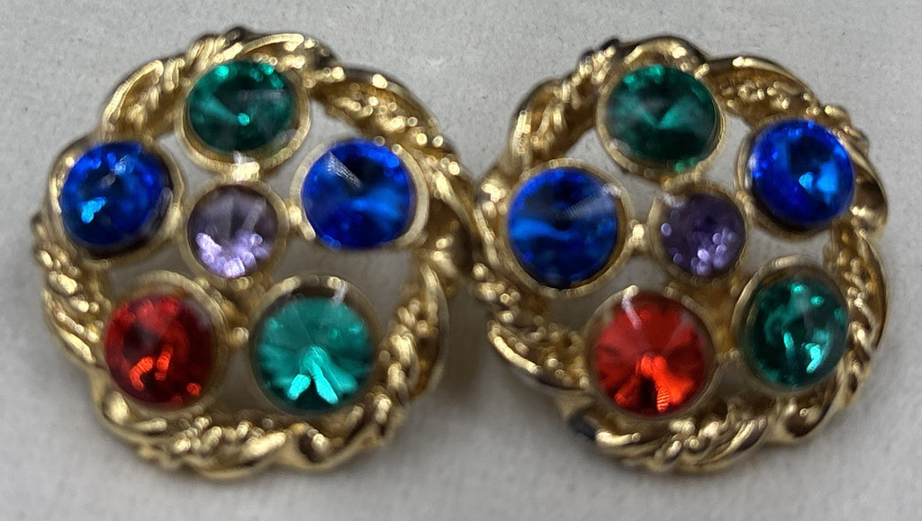 Vintage Mogul Style Pierced Earrings Gold Tone Colourful Glass Rhinestone