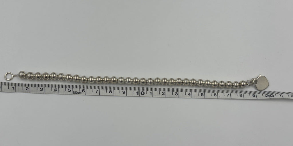 Vintage Sterling Silver Bead Bracelet with Heart Charm – 925 Ball Chain 19cm