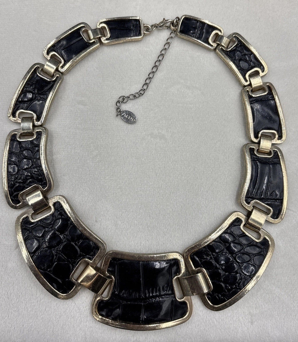 Vtg Aldo Statement Necklace Collar Faux Crocodile Print. Gold Tone