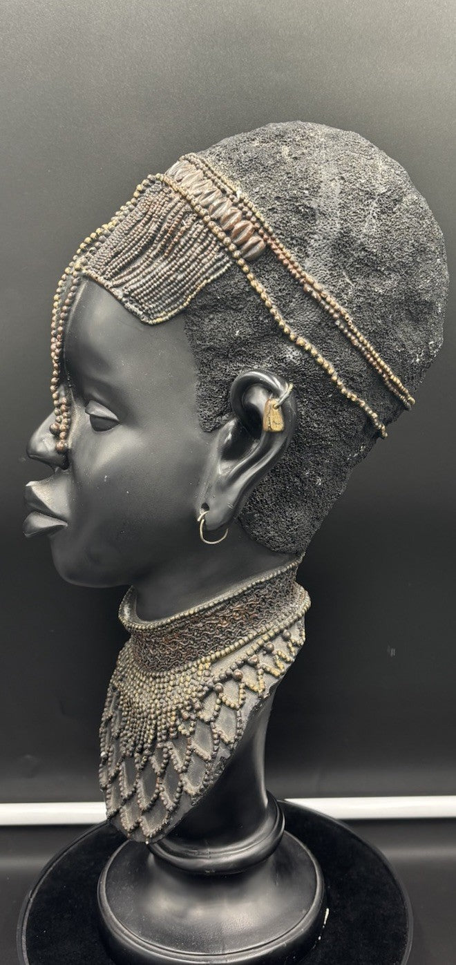 Vintage African Tribal Woman Bust – Beaded Headpiece & Necklace, Resin Sculpture