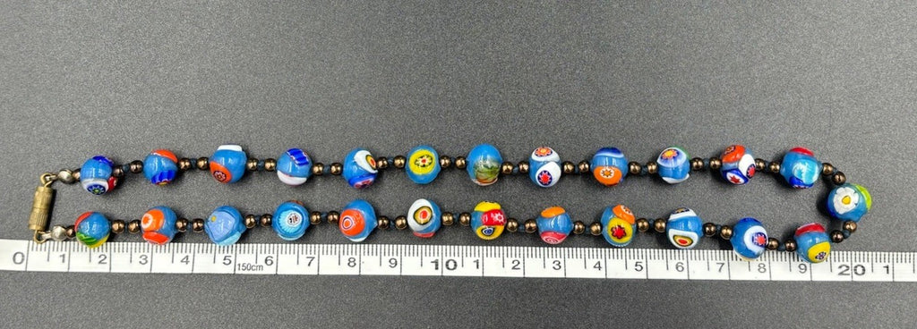 Vintage Murano Millefiori Glass Necklace Blue Beads Venetian 1950s Italy