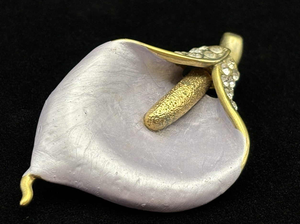Vintage Selena Calla Lily Brooch Rhinestone Gold Tone Floral
