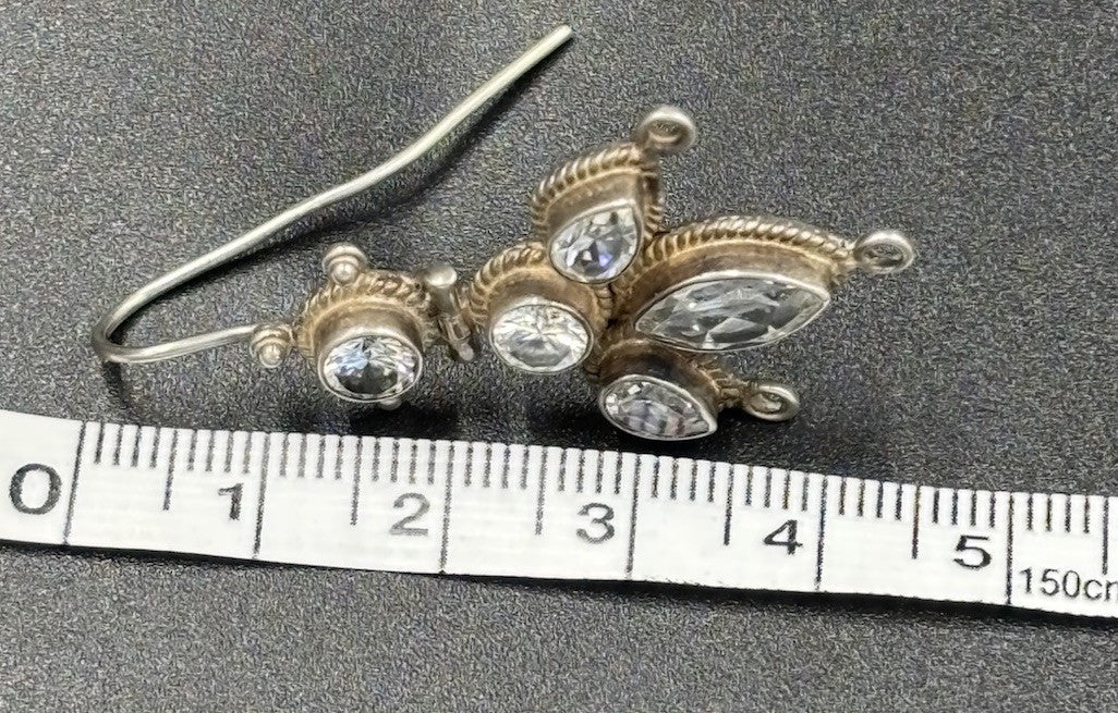 Antique Sterling Silver Crystal Drop Earrings Ornate Bezel Set 925 Design