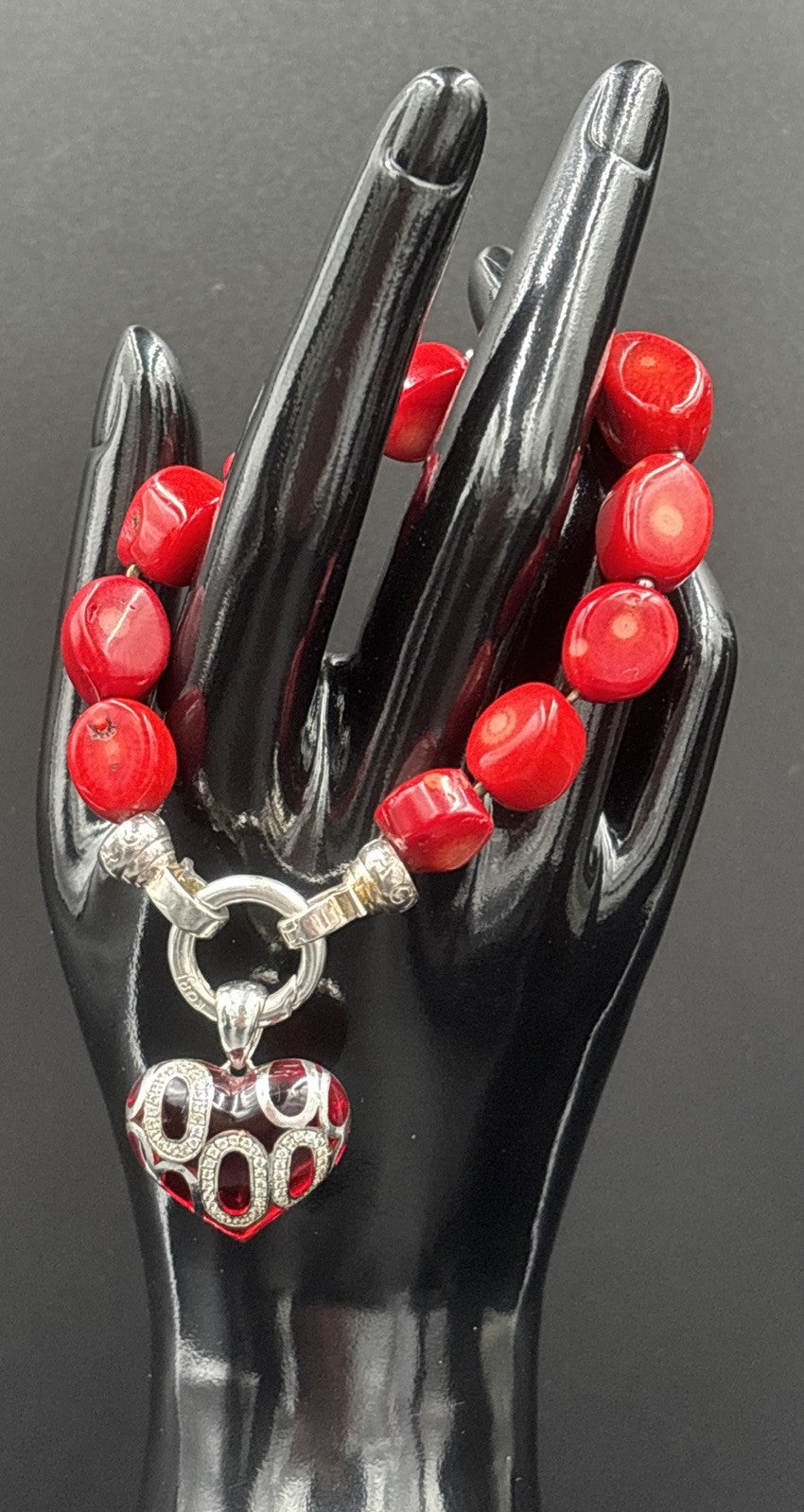 Kagi Red Bamboo Coral Silver Bracelet With A Silver Love Heart Charm
