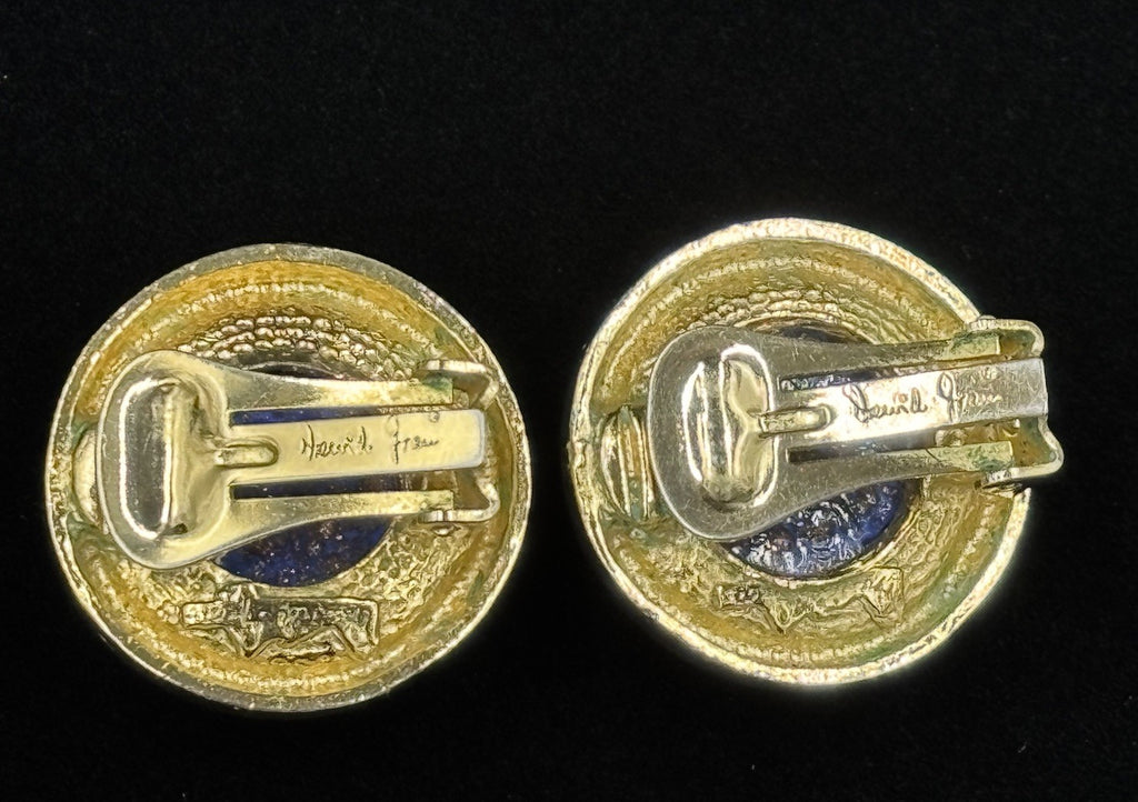 Elegant Vintage DAVID GRAU PARIS Clip-on Earrings - Blue & Gold