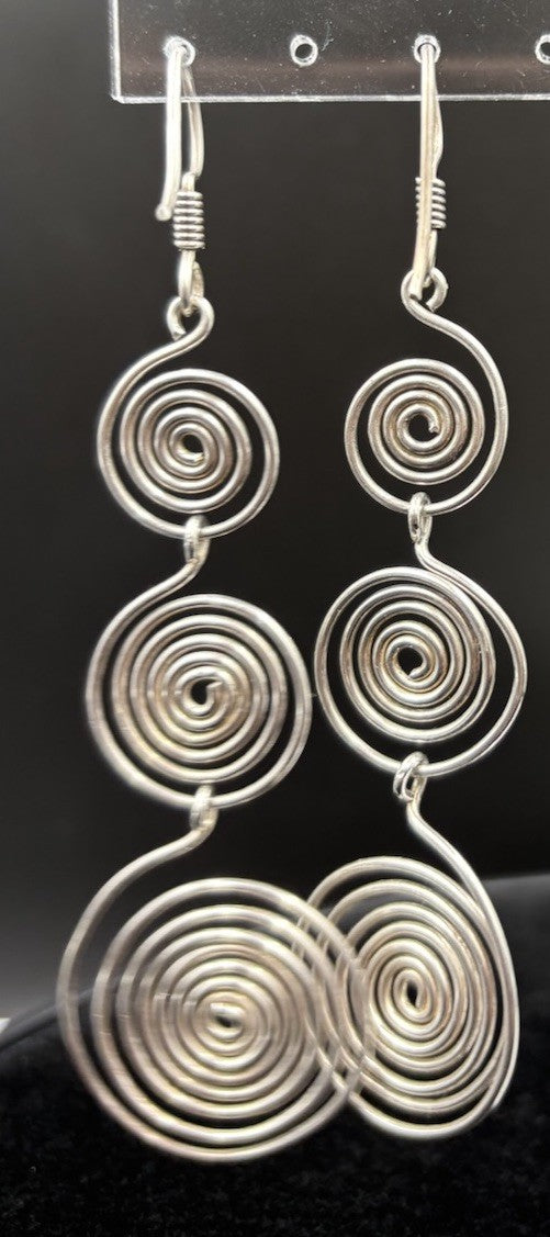 Stirling Silver Earrings Spiral Drop Dangling Long Earrings Vtg
