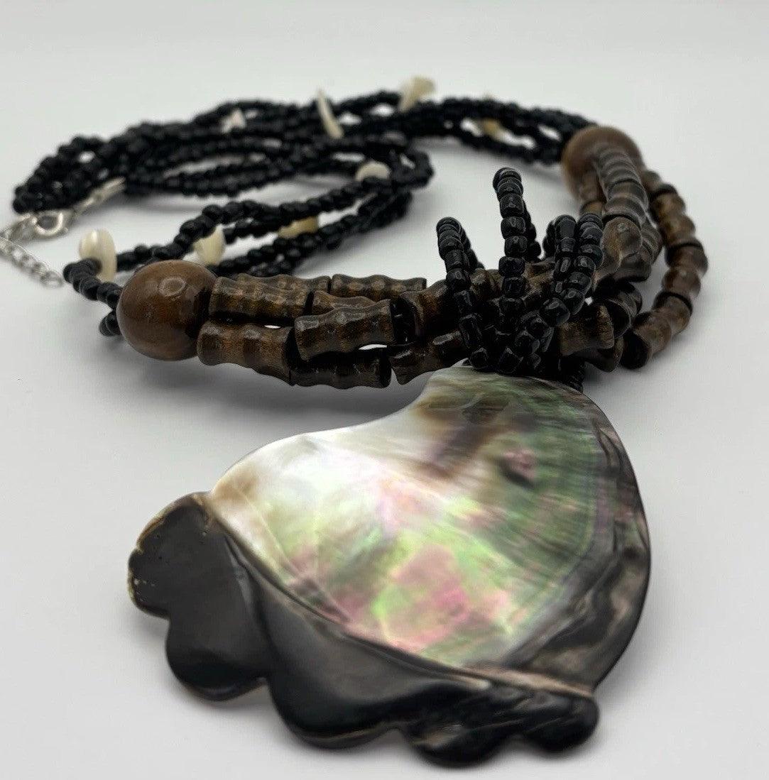 Tribal Shell Pendant Necklace Scalloped Beaded Wood Black White Boho Jewelry