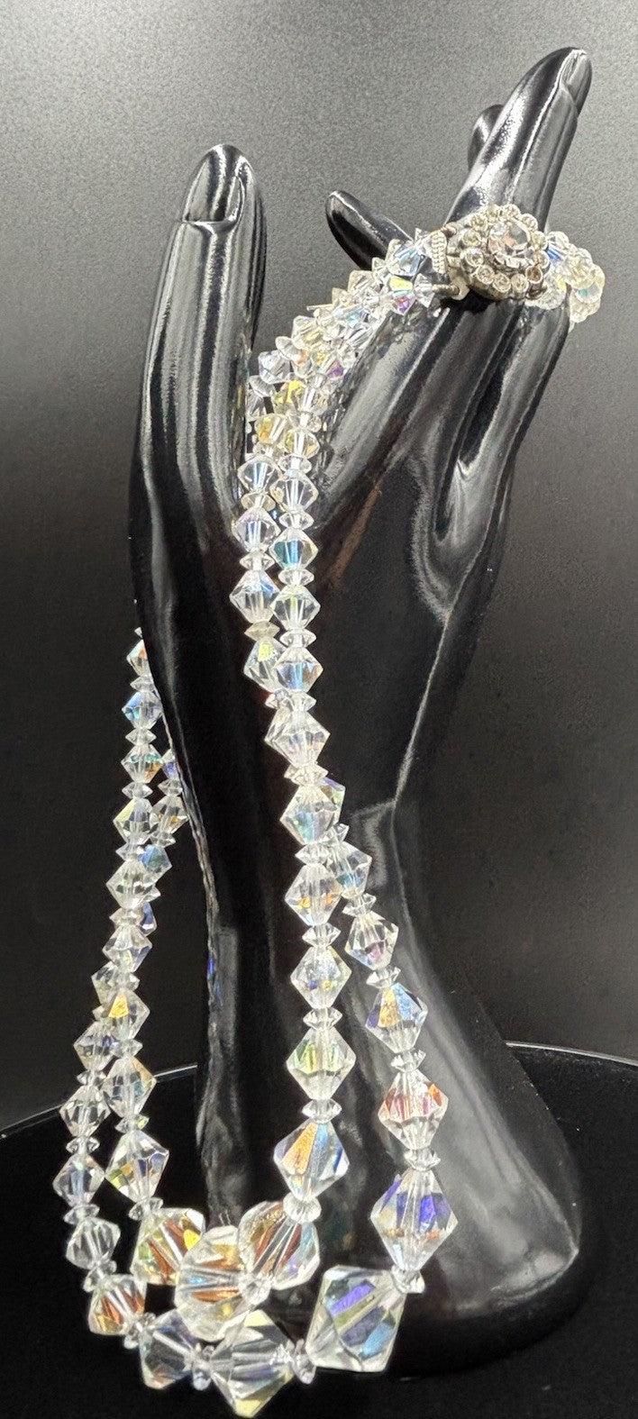 Vtg Double Strand Sparkling Aurora Borealis AB Glass Crystal Necklace & Earrings