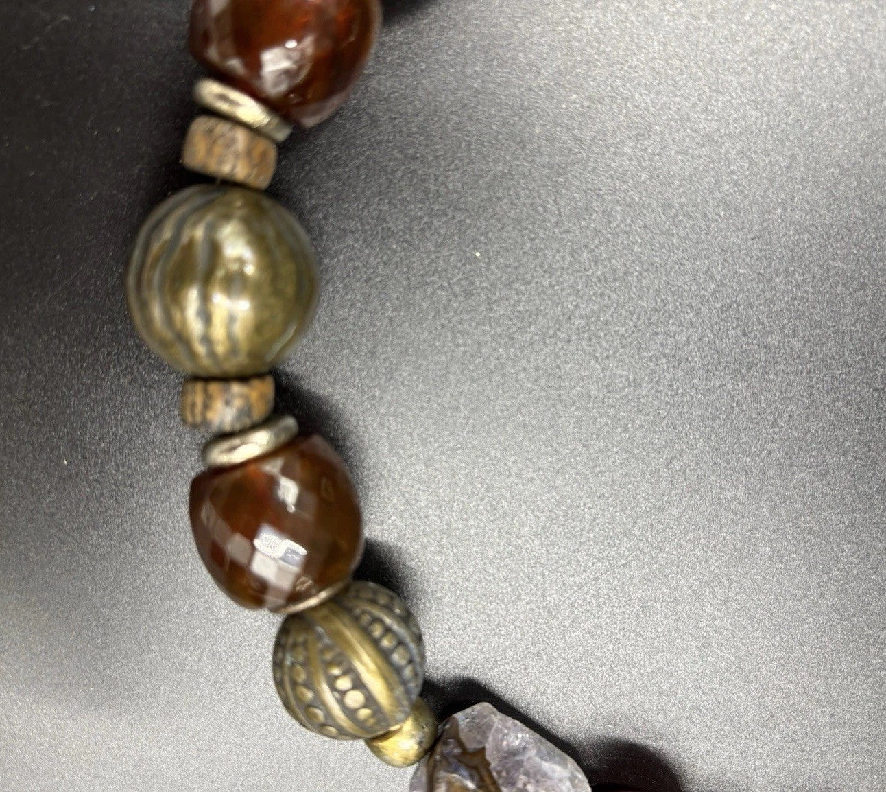 Vintage Natural Agate Beaded Necklace Artisan Statement Earthy Brass Tone