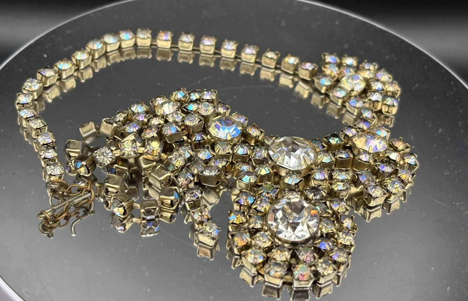 Vintage Aurora Borealis Rhinestone Statement Necklace Gold Tone Mid Century