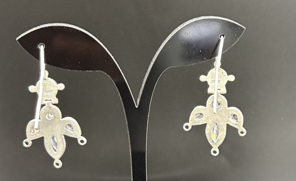Antique Sterling Silver Crystal Drop Earrings Ornate Bezel Set 925 Design