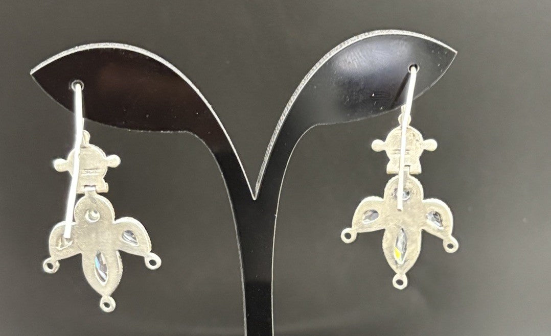 Antique Sterling Silver Crystal Drop Earrings Ornate Bezel Set 925 Design