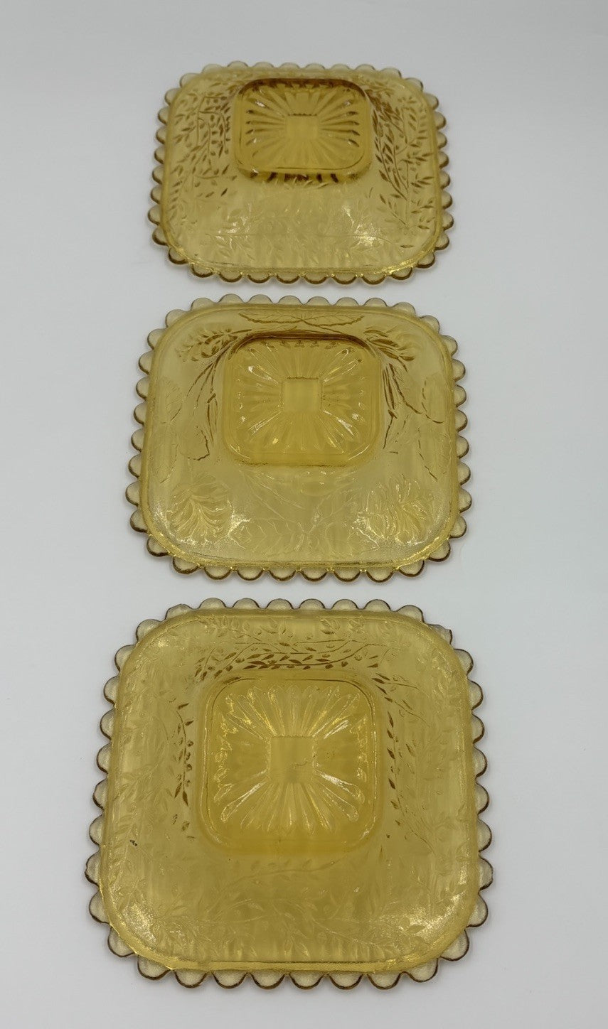 Vintage Uranium Glass Bowl UV Glow Dessert Plates Amber Depression Set