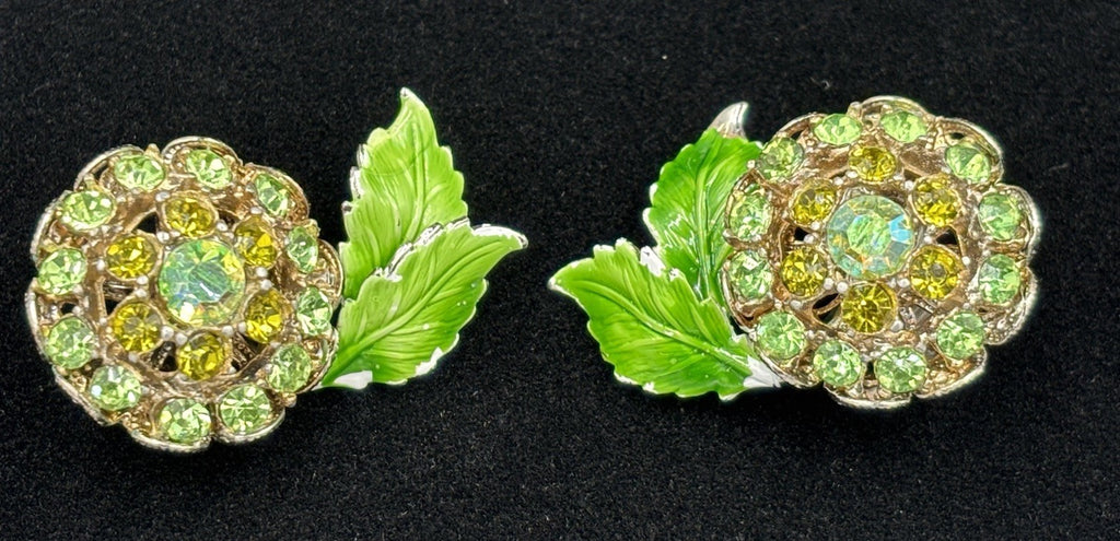 Vintage Green Rhinestone Flower Clip On Earrings Enamel Leaves Mid Century