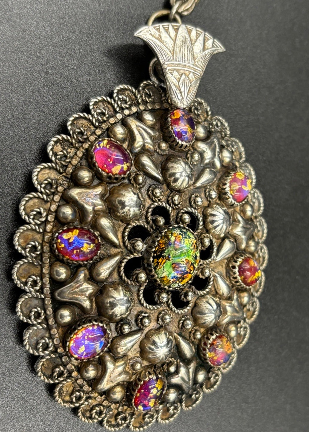 Vintage Sterling Silver Etruscan Egyptian Revival Necklace Foil Art Glass
