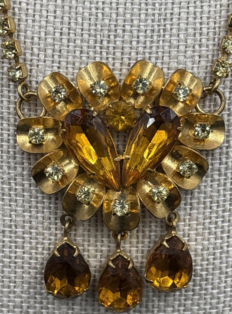 Vintage Amber Glass Rhinestone Necklace Gold Tone Mid Century Statement Jewelry