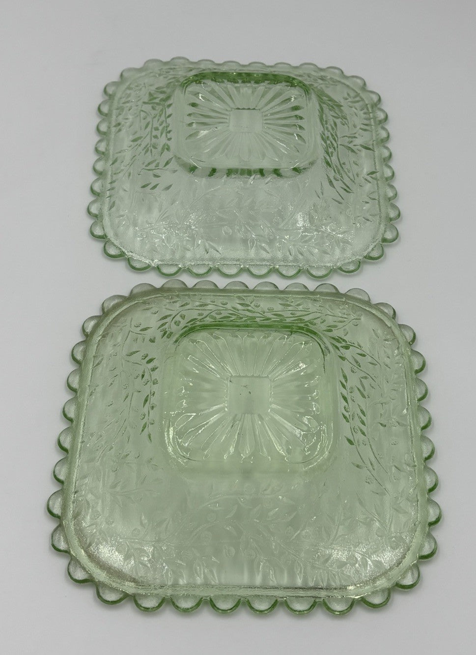 Vintage Uranium Glass Bowl UV Glow Dessert Plates Amber Depression Set