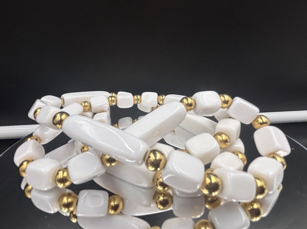 Vintage Trifari White Gold Tone Accents Lucite Long Beads Necklace Signed.