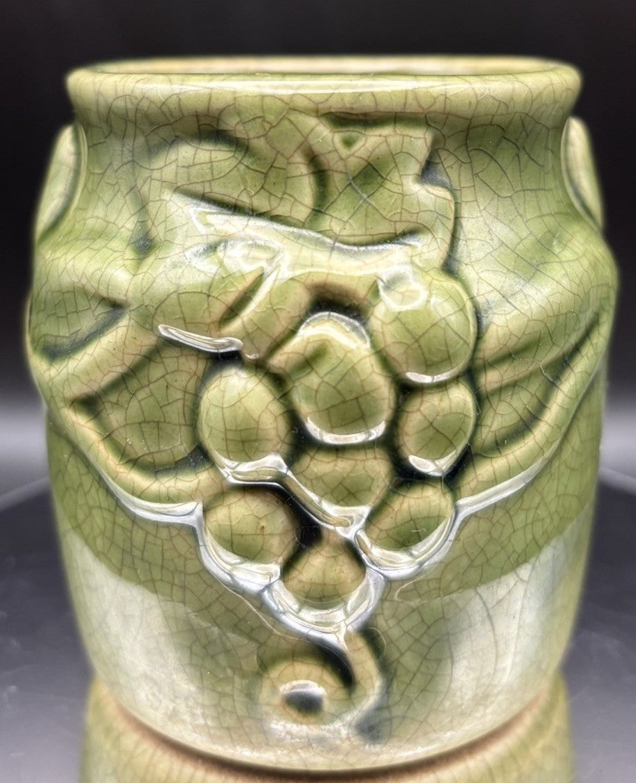 Vintage Green Ceramic Planter Pot Grape Vine Relief Crackle Glaze Decor