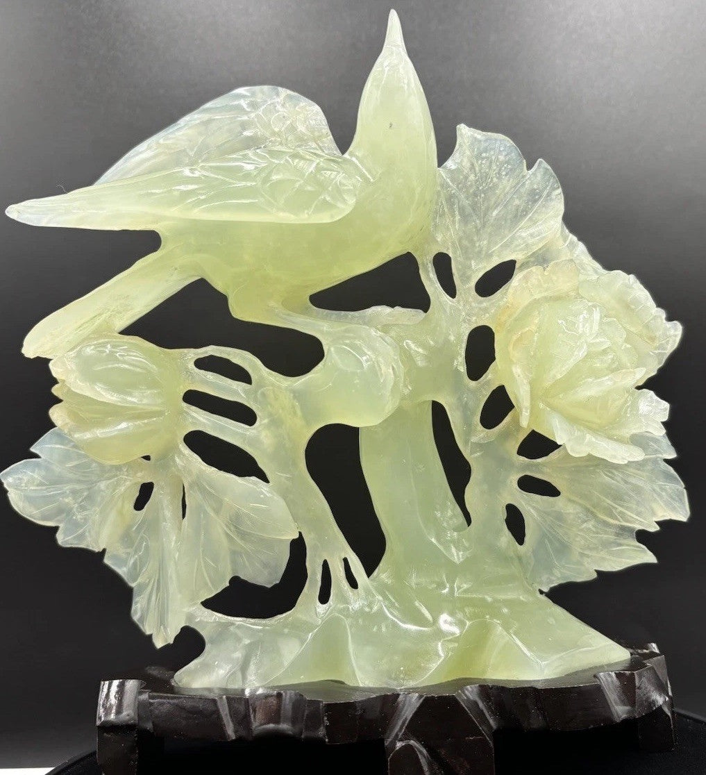 Large Chinese Jadeite Jade Bird Floral Carving Hand Carved Display Sculpture