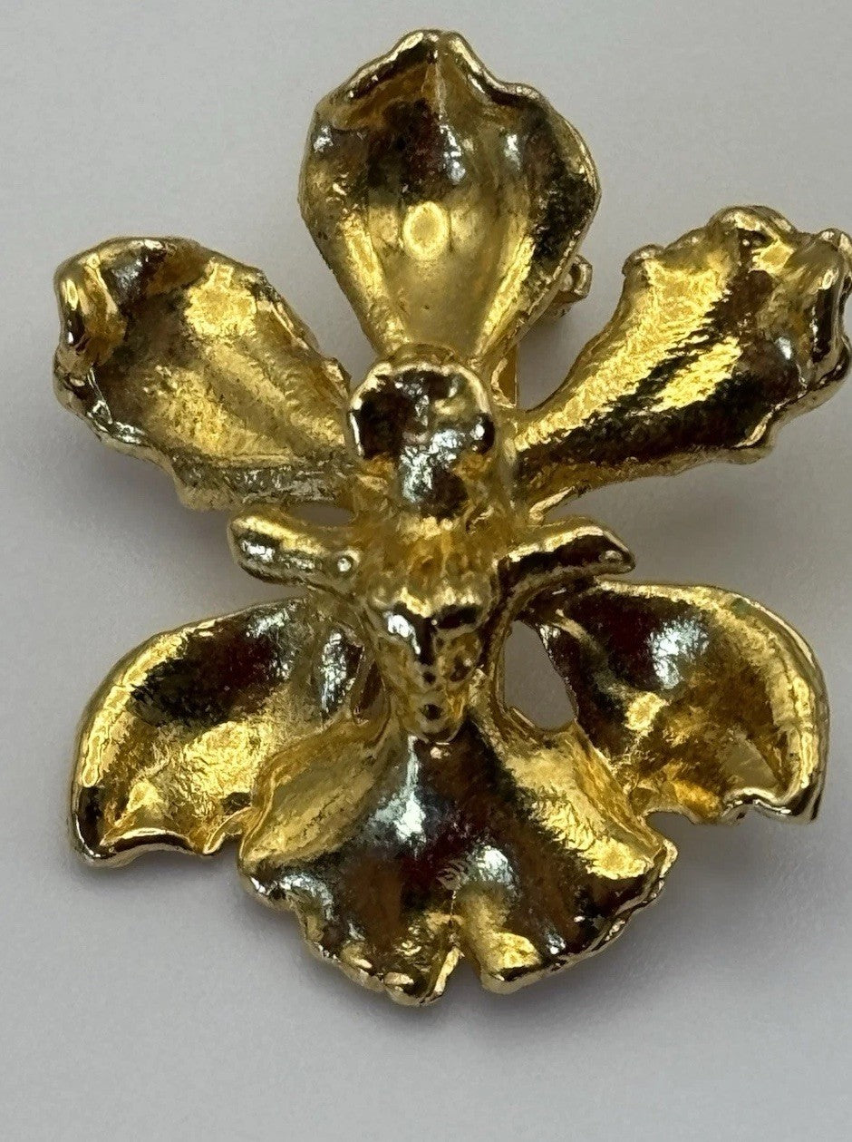 Vintage 1980s Gold Tone Orchid Flower Brooch Statement Floral Jewelry