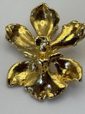Vintage 1980s Gold Tone Orchid Flower Brooch Statement Floral Jewelry