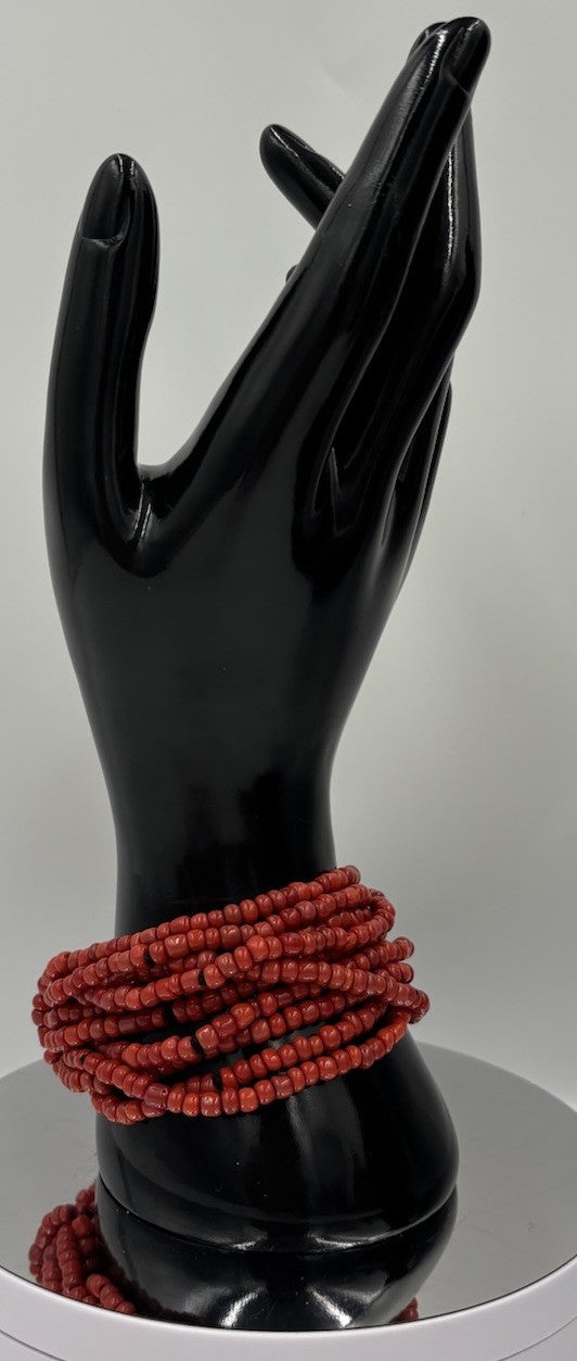 Vintage Coral Red Multi Strand Bracelet Imitation Coral Beads Chunky Wrap Cuff
