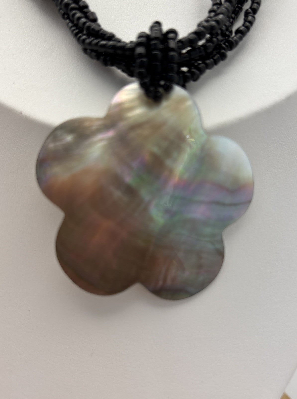 Vintage Mother of Pearl Flower Pendant Necklace Multi Strand Black Seed Beads