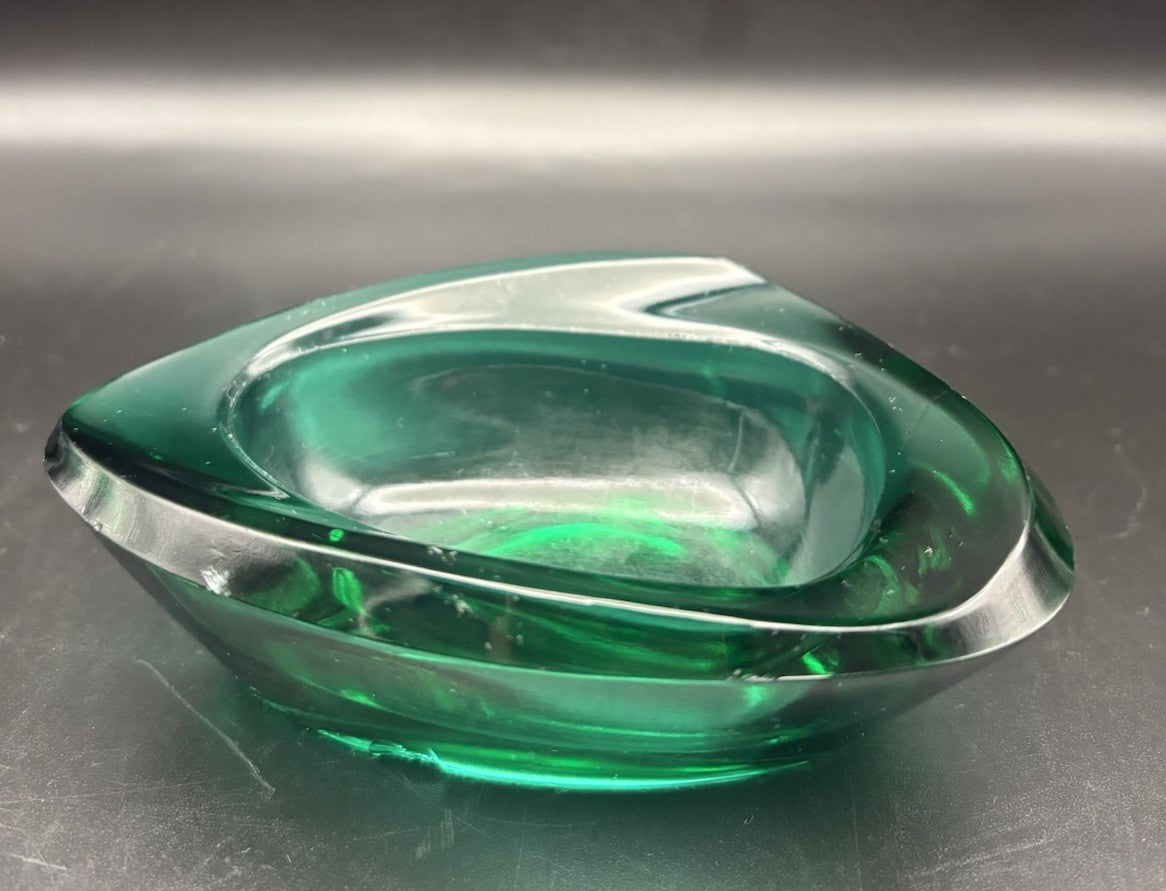Vintage Emerald Green Art Glass Ashtray Dish Mid Century Modern Heavy