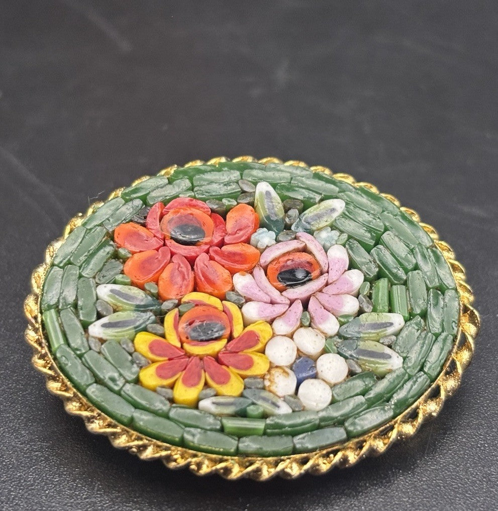 Vintage Italian Micro Mosaic Floral Brooch Oval Gold Tone