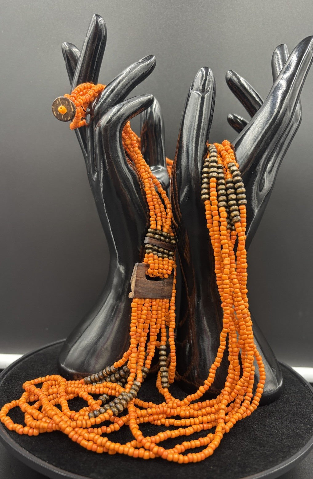 Vintage Tribal Orange Beaded Multi-Strand Necklace Wood Clasp Boho Ethnic