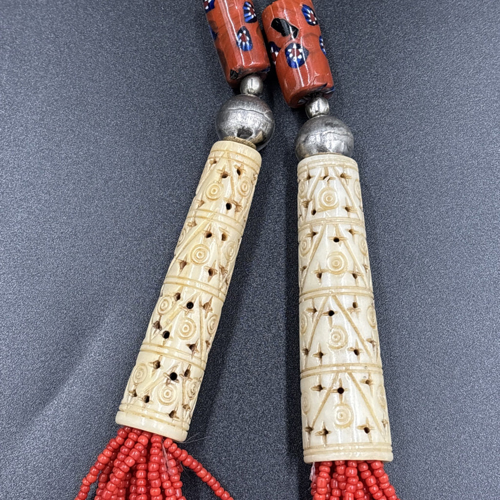 Rare Antique Berber Necklace Carved Bovine Bone Red Beads Tribal Millefiori
