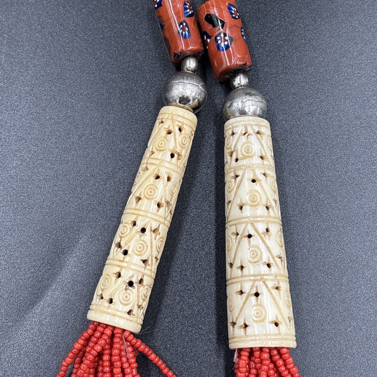 Rare Antique Berber Necklace Carved Bovine Bone Red Beads Tribal Millefiori