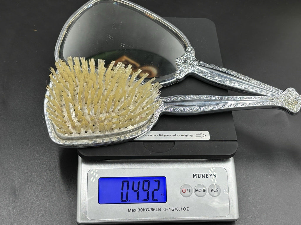 Vintage Vanity Brush & Hand Mirror Set Floral Silver Tone Mid Century