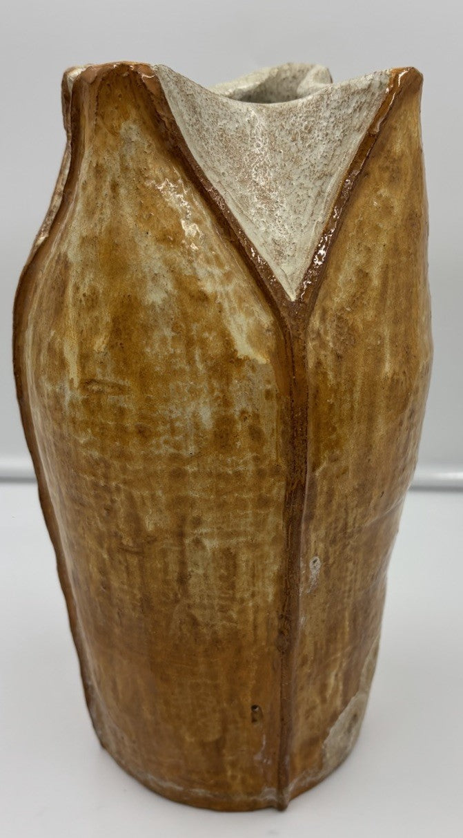 Large Vintage Studio Pottery Vase Sculptural Organic Petal Rim Brown Glaze