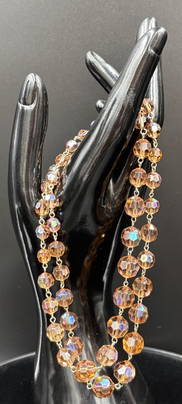 Vtg Aurora Borealis Champagne Crystal Necklace & Clip On Earring Set Gold Tone
