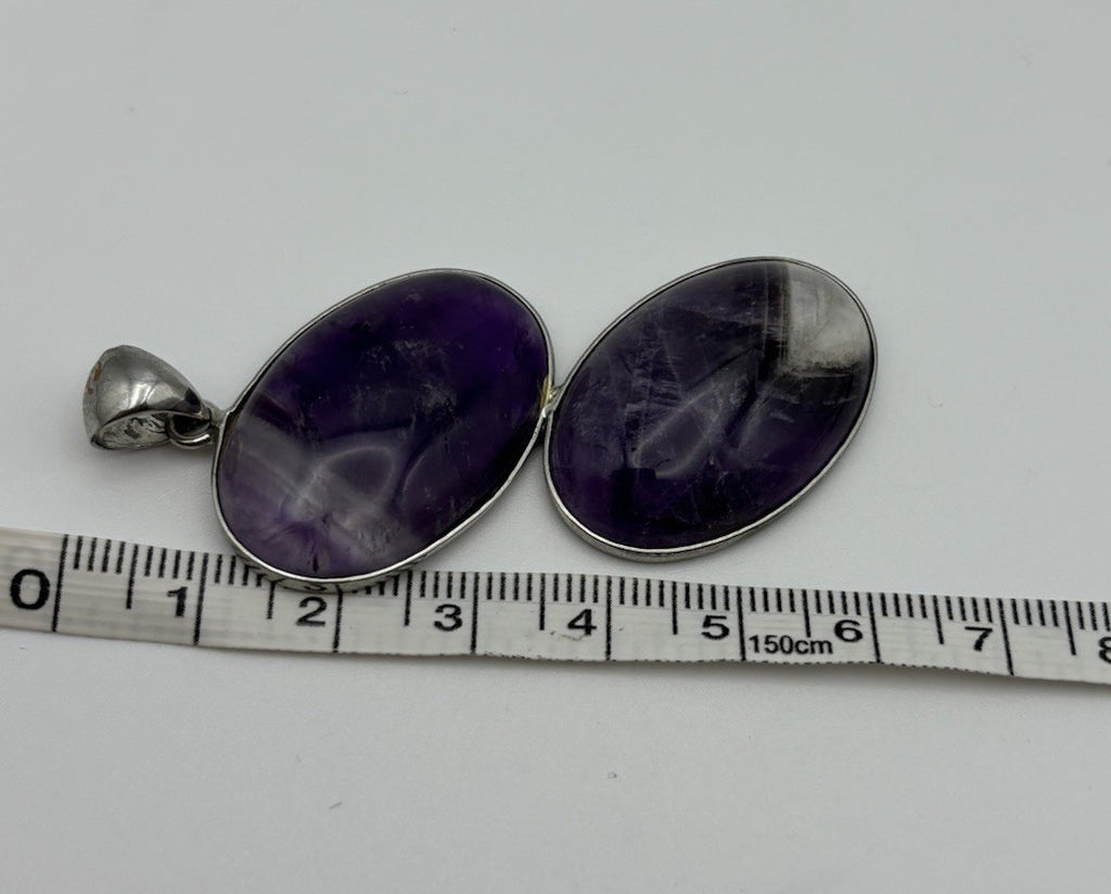 Vintage Amethyst Double Oval Pendant Natural Purple Gemstone Silver Tone Setting