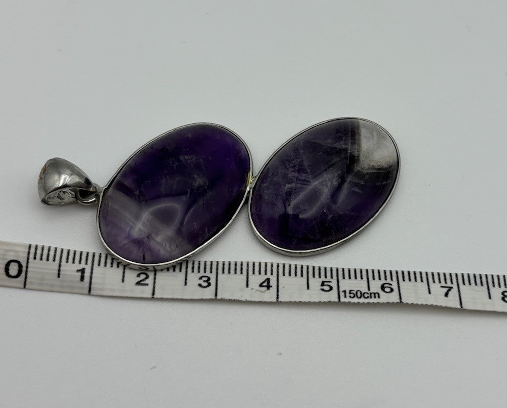 Vintage Amethyst Double Oval Pendant Natural Purple Gemstone Silver Tone Setting