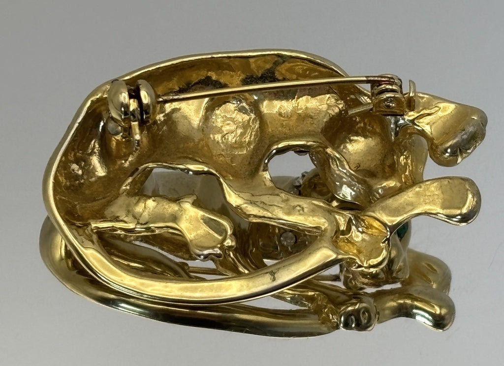 Vintage Panther Brooch Gold Tone Green Eyes Crystal Collar 1980s