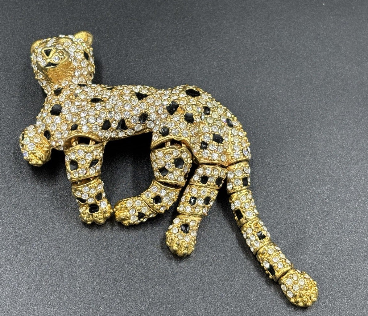 Vintage Articulated Leopard Brooch Gold Tone Rhinestone Panther