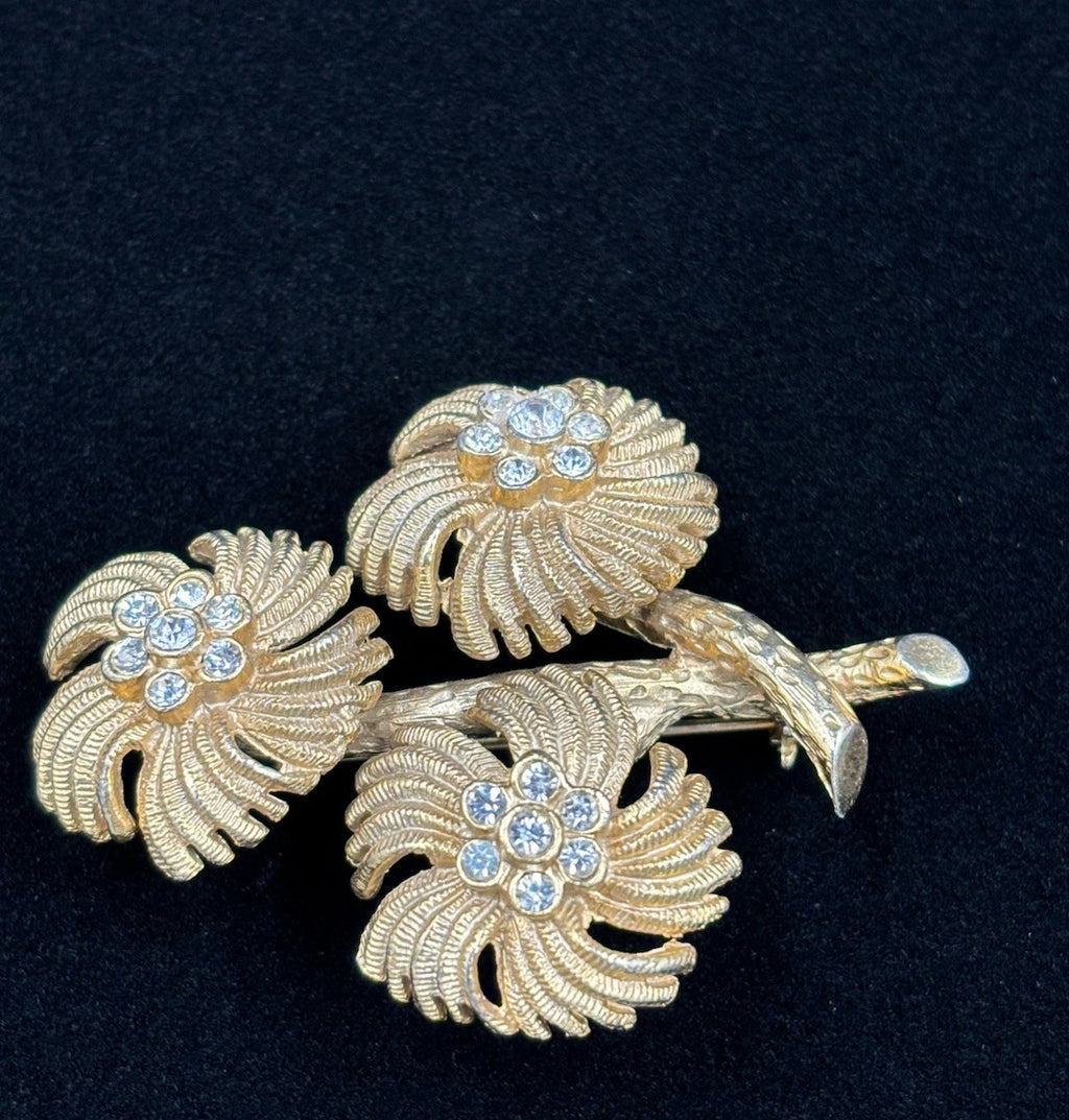 Vintage Kramer Signed Floral Rhinestone Brooch Gold Tone Spray Bouquet