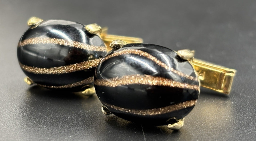 Vintage Hickok Murano Aventurine Glass Cufflinks Gold Tone Black Swirl 1950s