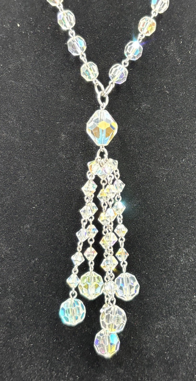 Vintage 1950s Aurora Borealis Crystal Necklace & Earrings Set Tassel Drop
