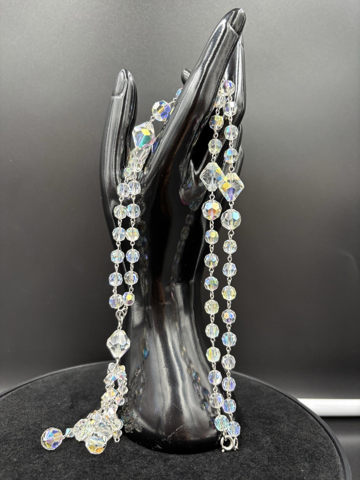 Vintage 1950s Aurora Borealis Crystal Necklace & Earrings Set Tassel Drop