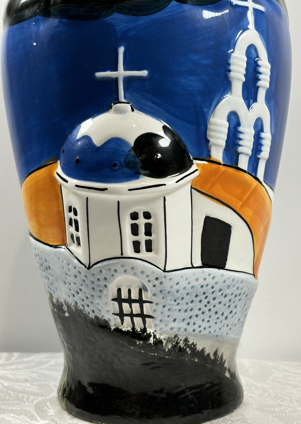 Vintage Greek Hand Painted Vase Santorini Church Scene Hellas Pottery