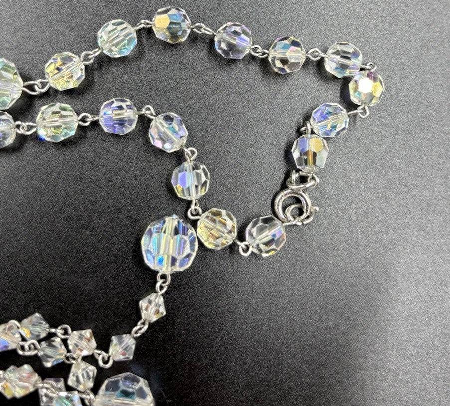 Vintage 1950s Aurora Borealis Crystal Necklace & Earrings Set Tassel Drop