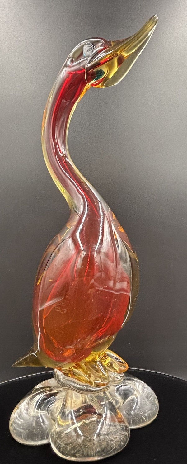 Vintage Murano Art Glass Duck Figurine Statue Red Amber & Clear 26cm In Height.